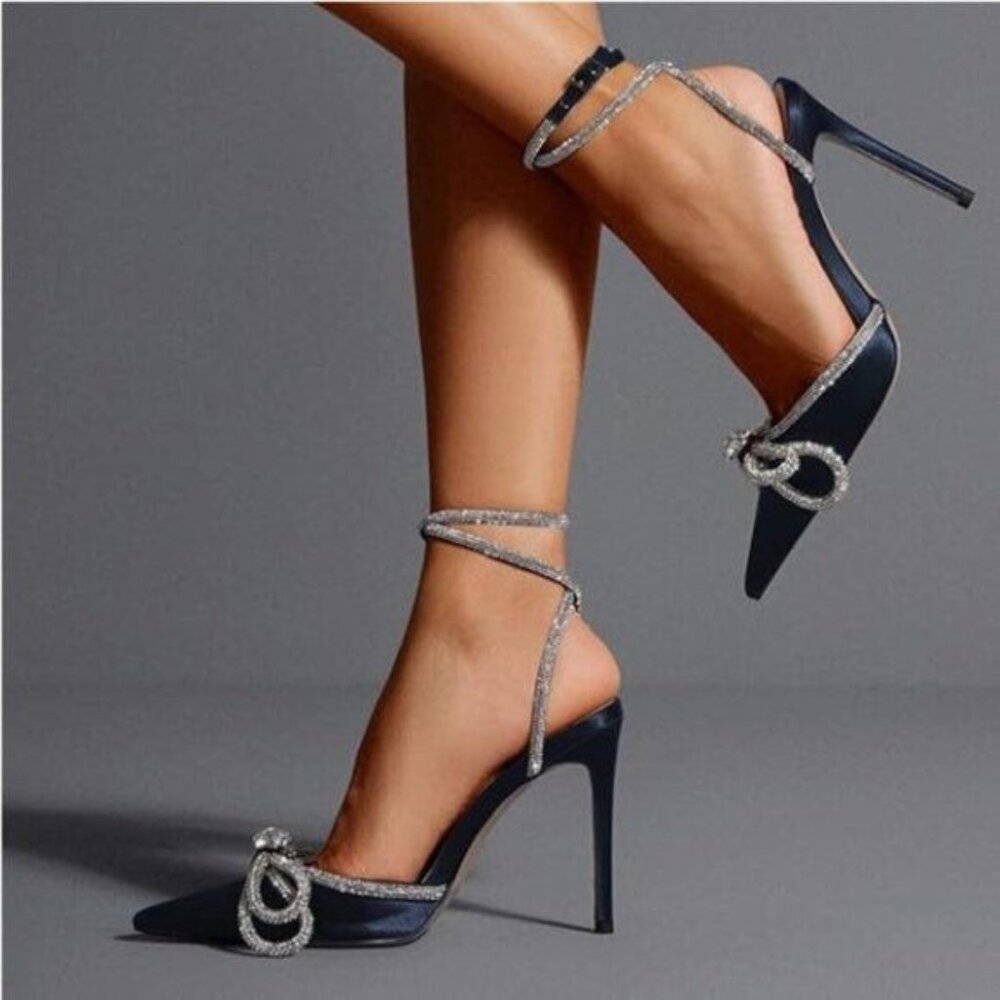 FSJ Blue Pointy Toe Stiletto High Heel Sandal Bowknot Ankle Strap Buckle Shoe